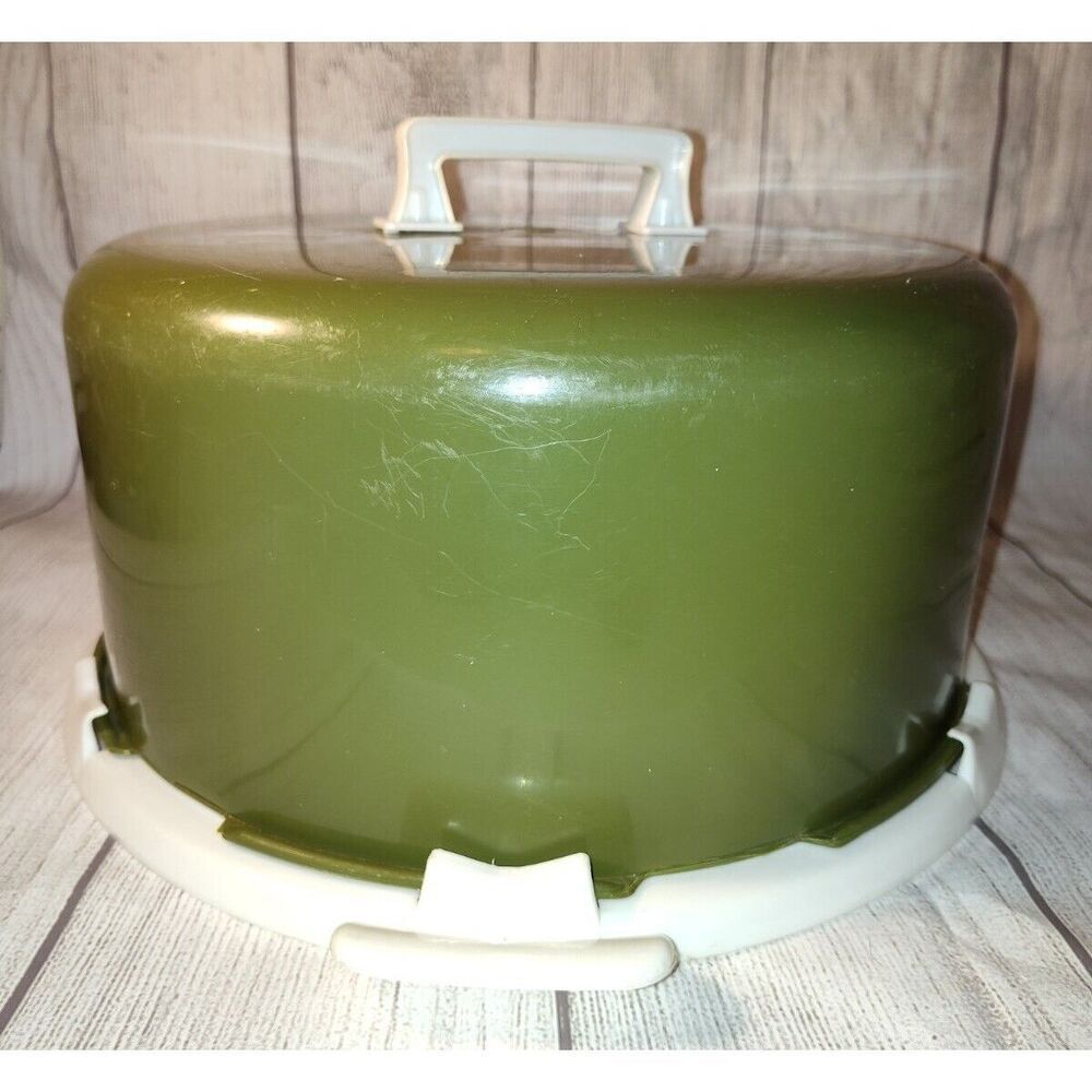 Vintage Avocado Green Cake Carrier/Holder w/handle - Base, Lid/w/flaws Plastic